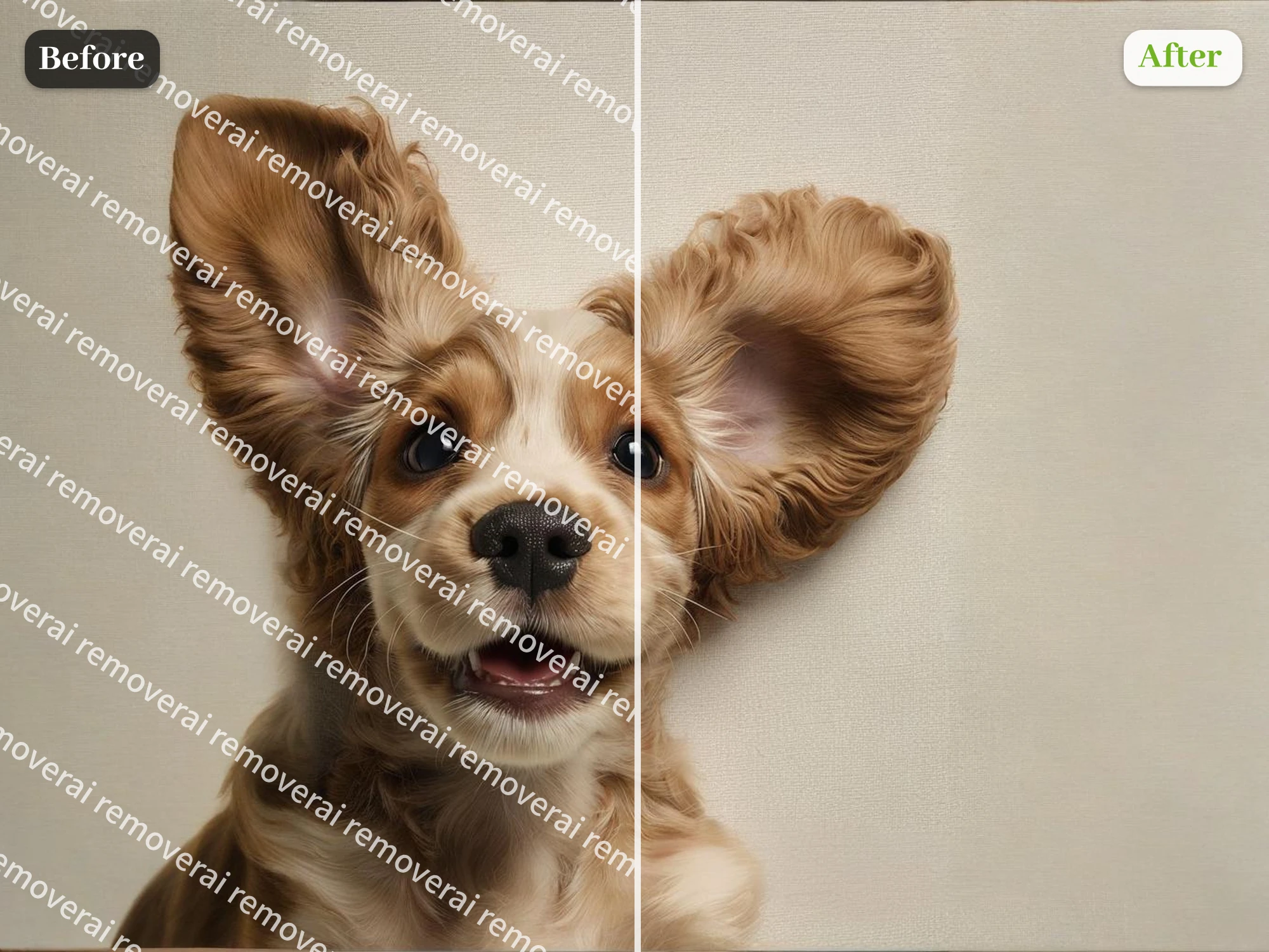 Before and After AI-Generated Image Watermark Removal from Pet Photos